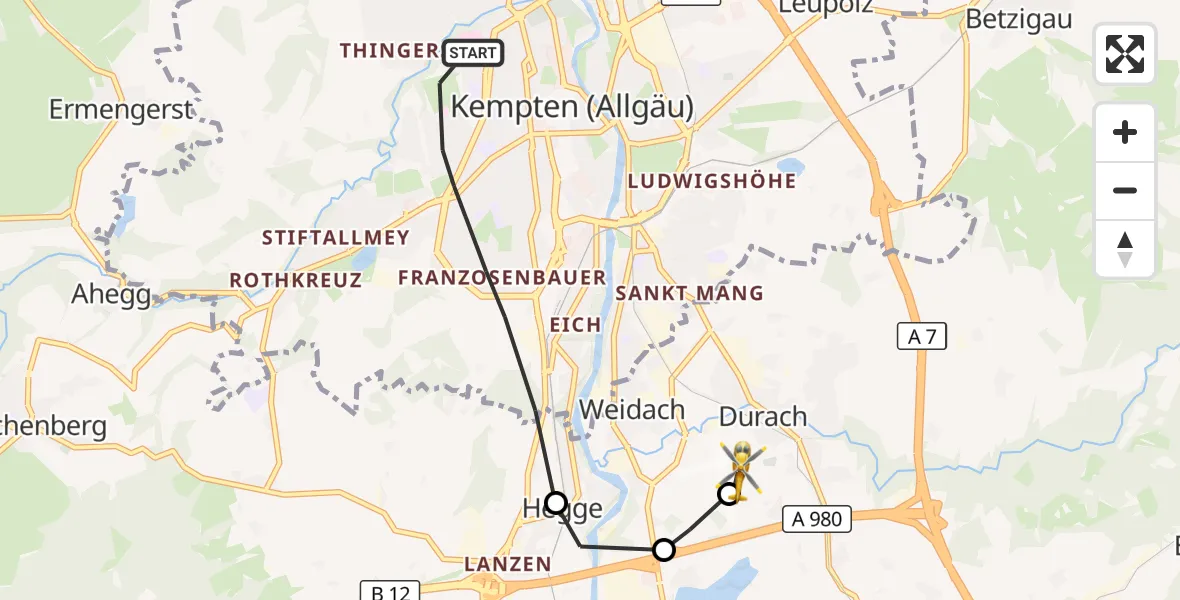 Flugroute Rettungshubschrauber Kempten (Allgäu) - Kempten-Durach Flugplatz, 05 Oktober 2026, 11:13
