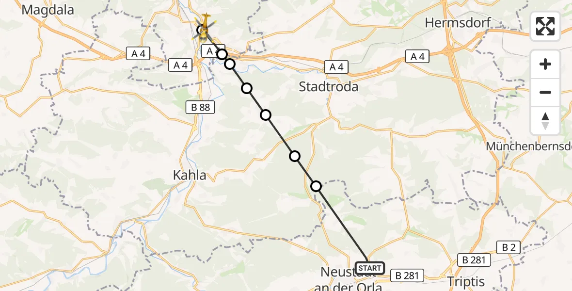 Flugroute Rettungshubschrauber Neustadt an der Orla - Lobeda Hubschrauberlandeplatz, 05 Oktober 2026, 11:14
