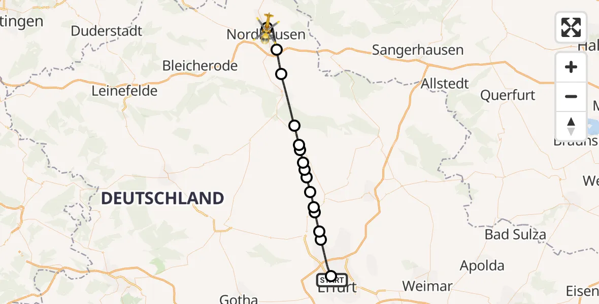 Flugroute Rettungshubschrauber Helios Clinic Erfurt - Südharz Hospital Nordhausen, 05 Oktober 2026, 11:14