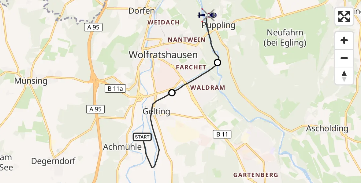 Flugroute Polizeihubschrauber Geretsried - Pupplinger Au, 05 Oktober 2026, 11:21