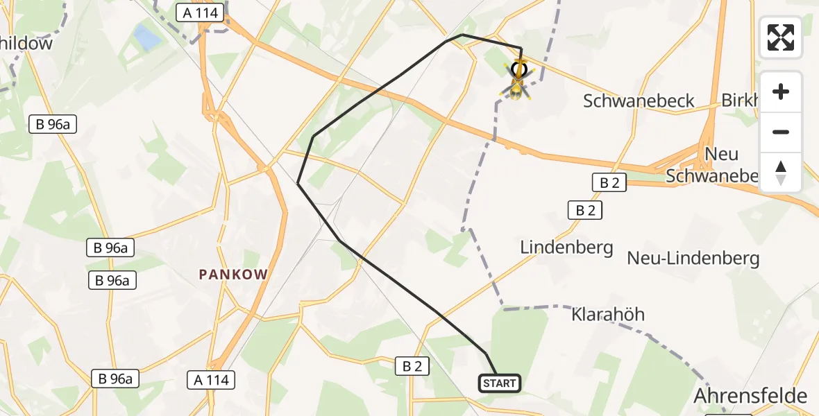 Flugroute Rettungshubschrauber Berlin - Helios Clinic Berlin-Buch, 05 Oktober 2026, 11:28
