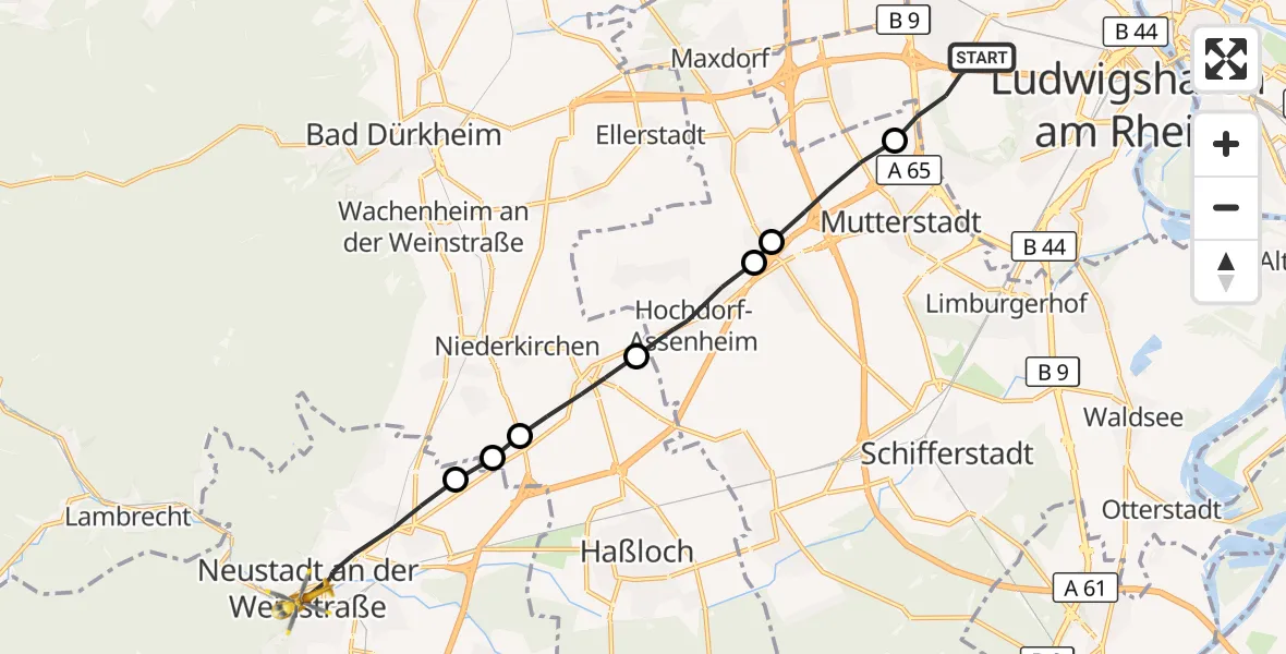 Flugroute Rettungshubschrauber Ludwigshafen am Rhein - Neustadt an der Weinstraße, 05 Oktober 2026, 11:31