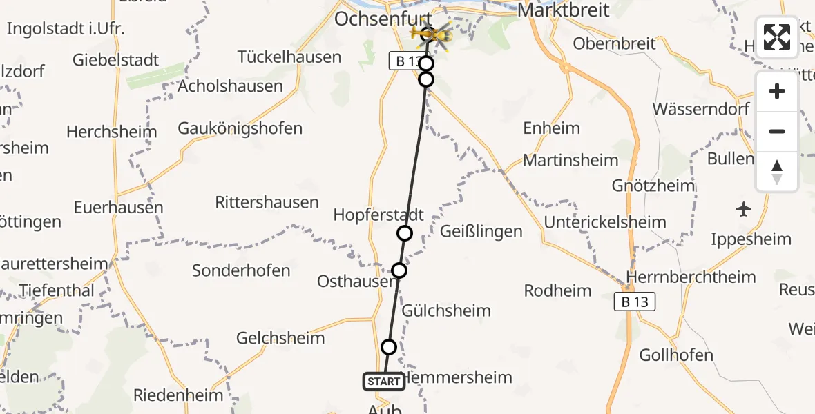 Flugroute Rettungshubschrauber Aub - Ochsenfurt Hospital, 05 Oktober 2026, 11:31