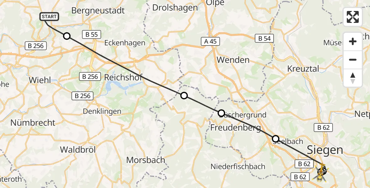 Flugroute Rettungshubschrauber Gummersbach - Evangelisches Jung-Stilling Hospital, 05 Oktober 2026, 11:33