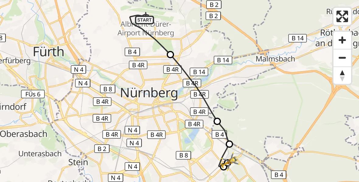 Flugroute Rettungshubschrauber Flughafen Nuremberg - Nürnberg South Hospital, 05 Oktober 2026, 11:35