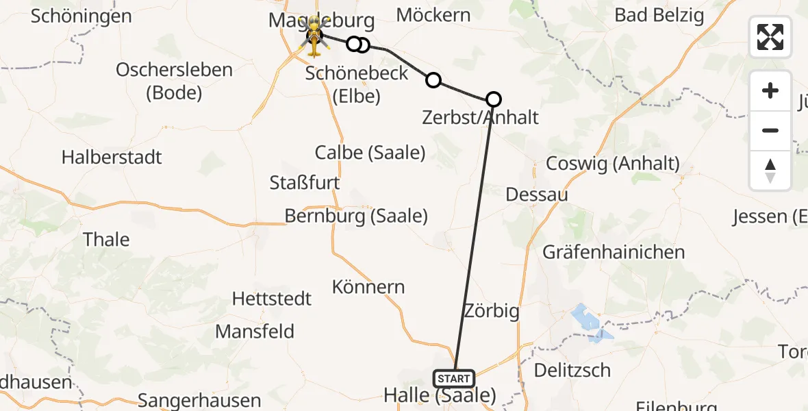 Flugroute Rettungshubschrauber Halle (Saale) - Magdeburg University Hospital, 05 Oktober 2026, 11:38