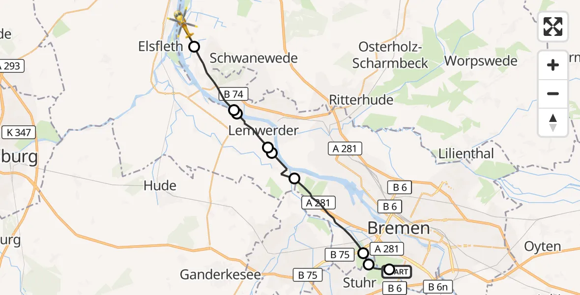 Flugroute Rettungshubschrauber Bremen - Schwanewede, 05 Oktober 2026, 11:56
