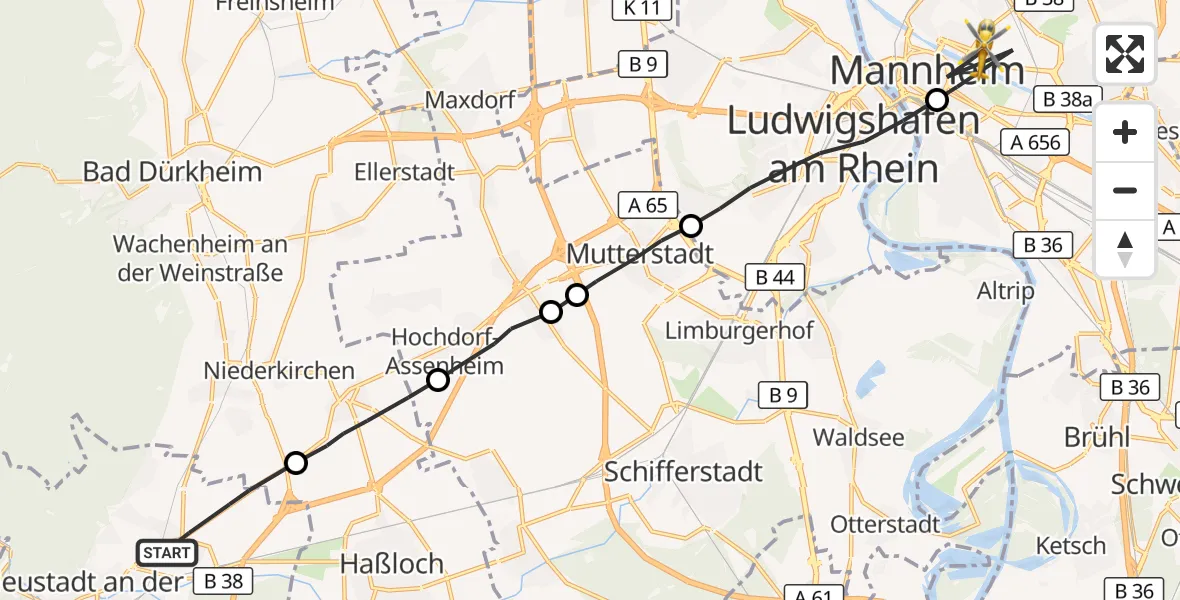 Flugroute Rettungshubschrauber Neustadt an der Weinstraße - Mannheim, 05 Oktober 2026, 12:10