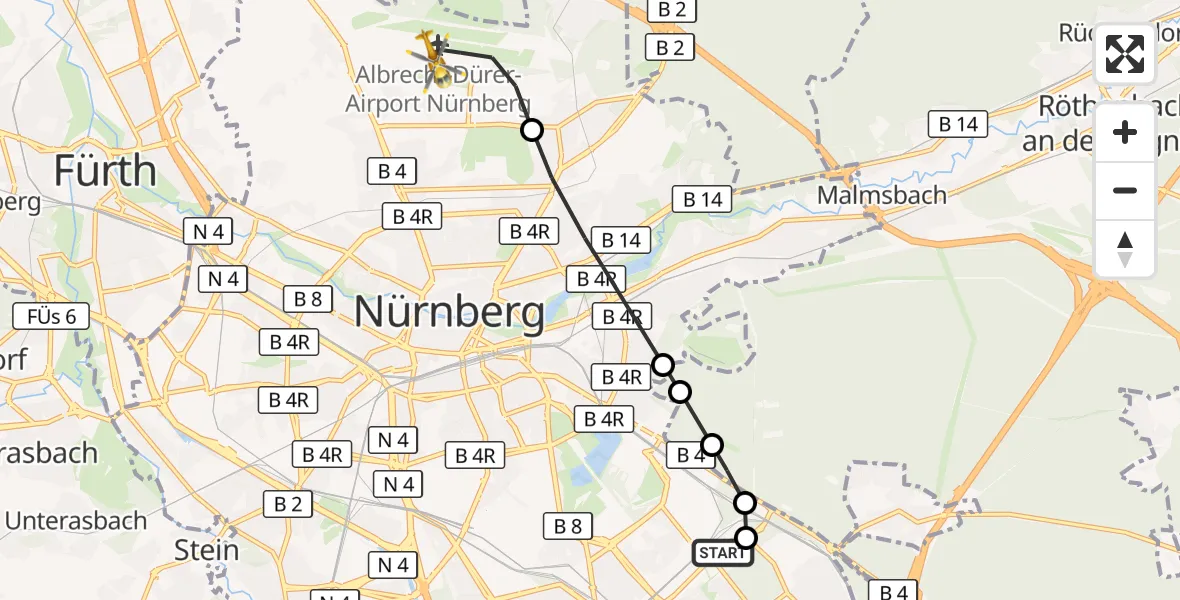 Flugroute Rettungshubschrauber Nürnberg South Hospital - Flughafen Nuremberg, 05 Oktober 2026, 12:11