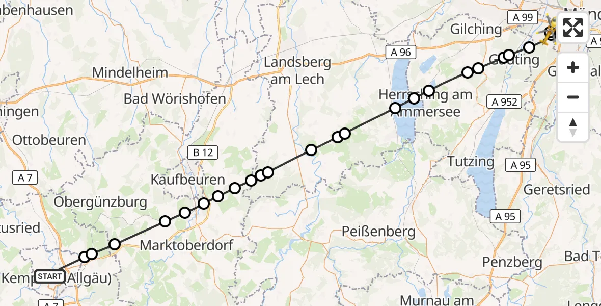 Flugroute Rettungshubschrauber Kempten (Allgäu) - DRF Air Rescue München Hubschrauberlandeplatz, 05 Oktober 2026, 12:12