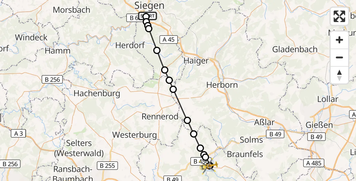 Flugroute Rettungshubschrauber Evangelisches Jung-Stilling Hospital - Weilburg District Hospital, 05 Oktober 2026, 12:17