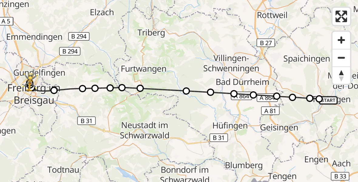 Flugroute Ambulanzhubschrauber Tuttlingen - Freiburg im Breisgau Flugplatz, 05 Oktober 2026, 12:22