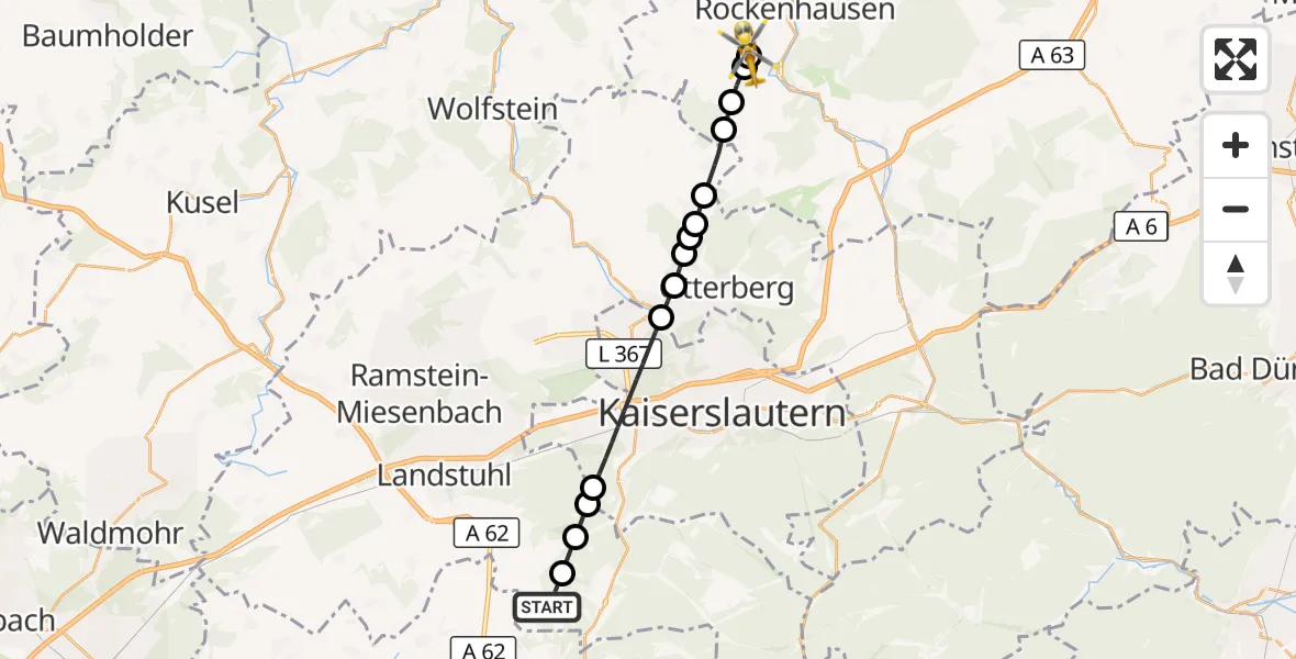 Flugroute Rettungshubschrauber Linden - Rockenhausen, 05 Oktober 2026, 12:27