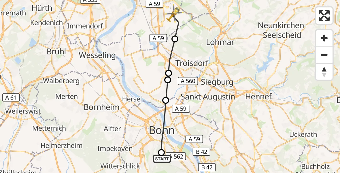 Flugroute Ambulanzhubschrauber Bonn University Hospital - Köln Bonn Flughafen, 05 Oktober 2026, 12:29
