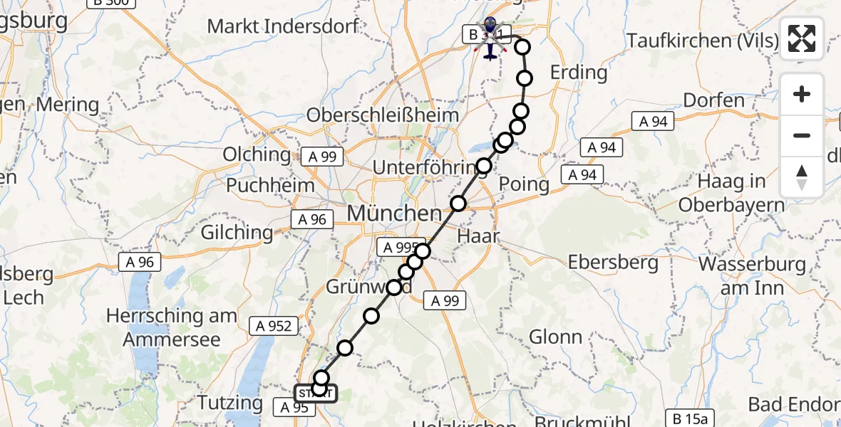Flugroute Polizeihubschrauber Wolfratshausen - München Flughafen, 05 Oktober 2026, 12:31