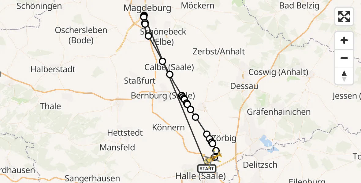Flugroute Rettungshubschrauber Halle (Saale) - Halle-Oppin Flugplatz, 05 Oktober 2026, 12:35