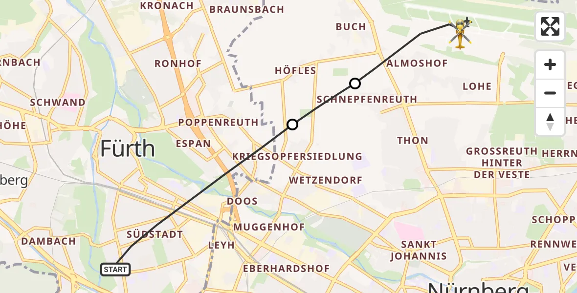 Flugroute Ambulanzhubschrauber Fürth - Flughafen Nuremberg, 05 Oktober 2026, 12:44