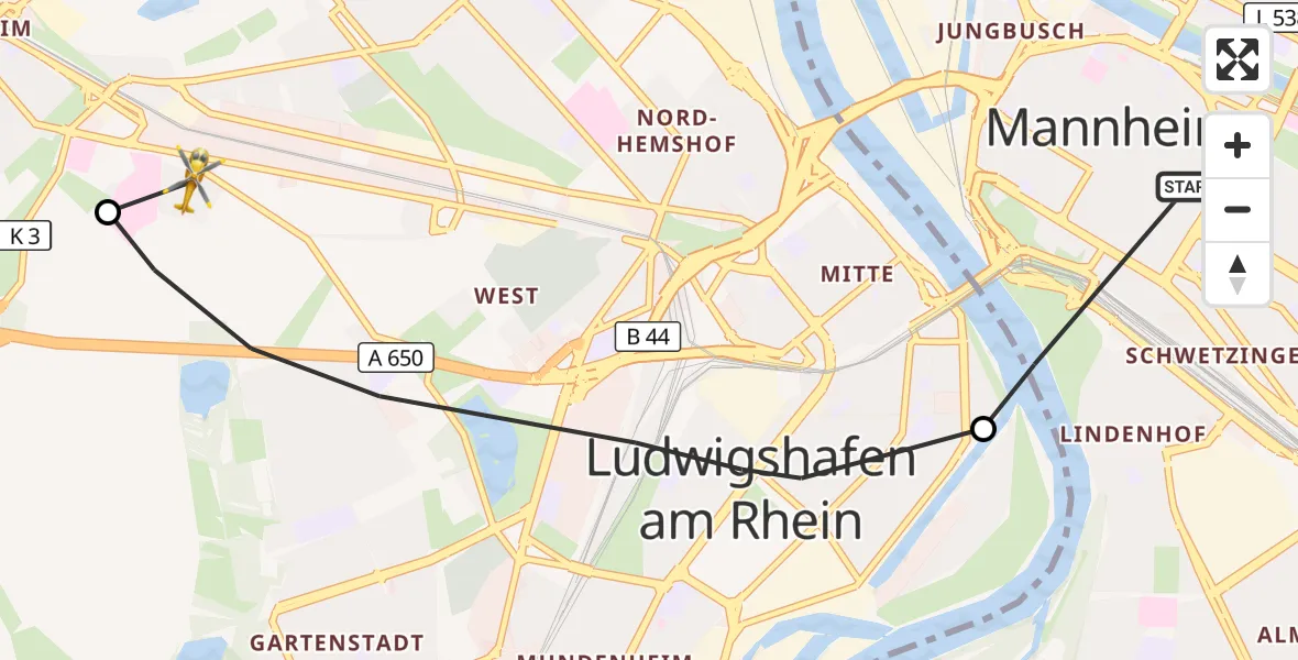 Flugroute Rettungshubschrauber Mannheim - Ludwigshafen Accident Hospital Hubschrauberlandeplatz, 05 Oktober 2026, 12:46