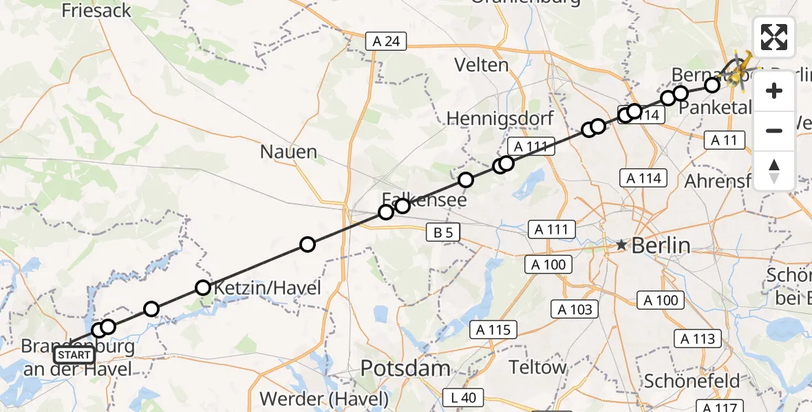 Flugroute Ambulanzhubschrauber Brandenburg an der Havel - Bernau bei Berlin, 05 Oktober 2026, 12:51