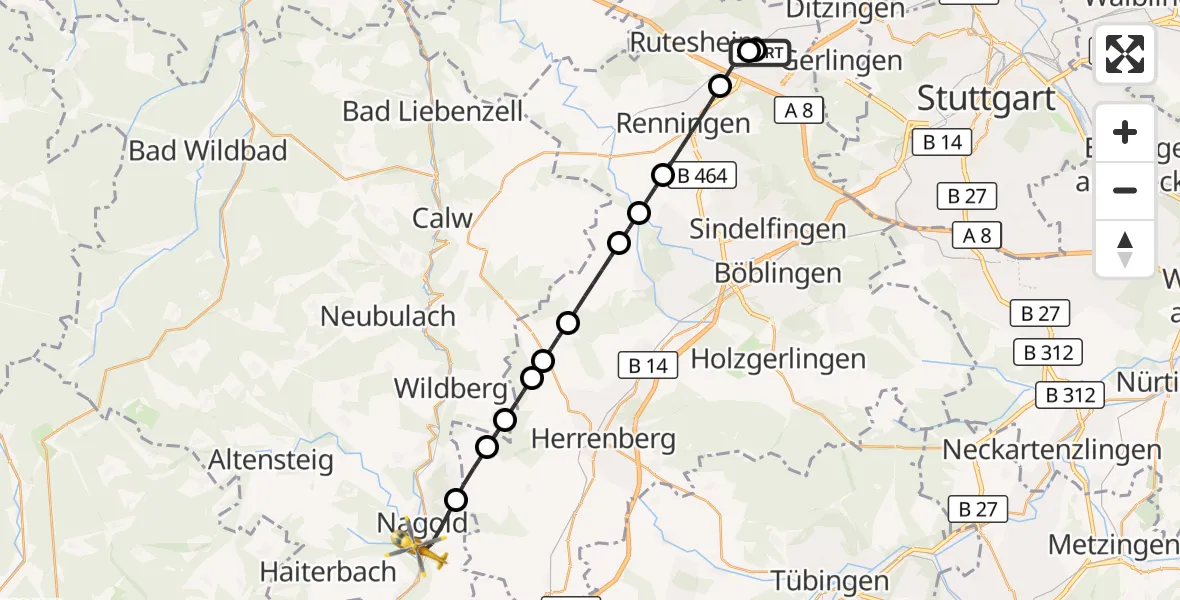 Flugroute Rettungshubschrauber Leonberg Hospital - Nagold, 05 Oktober 2026, 12:53
