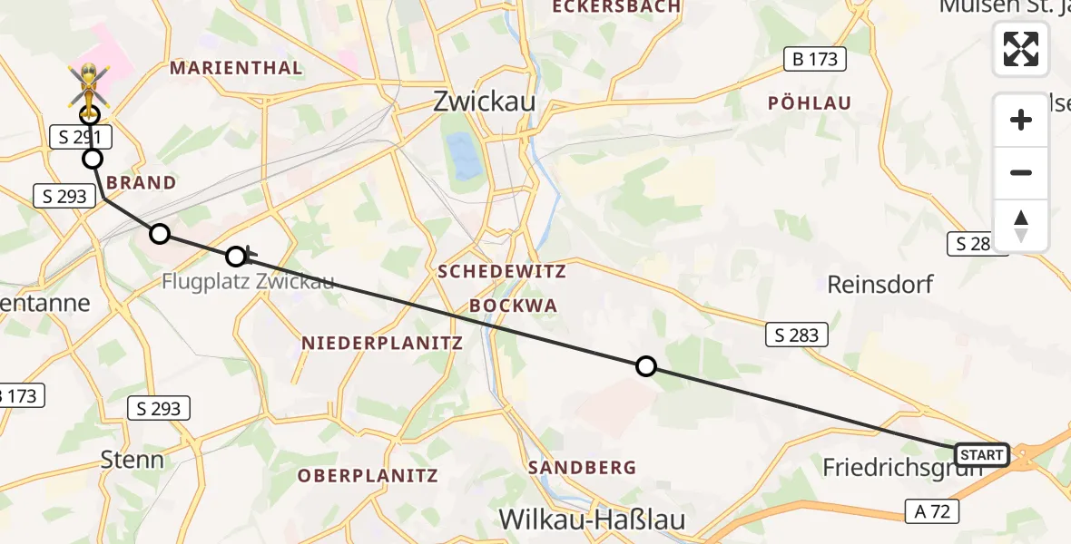 Flugroute Rettungshubschrauber Reinsdorf - ADAC Air Rescue Station Zwickau Hubschrauberlandeplatz, 05 Oktober 2026, 12:53