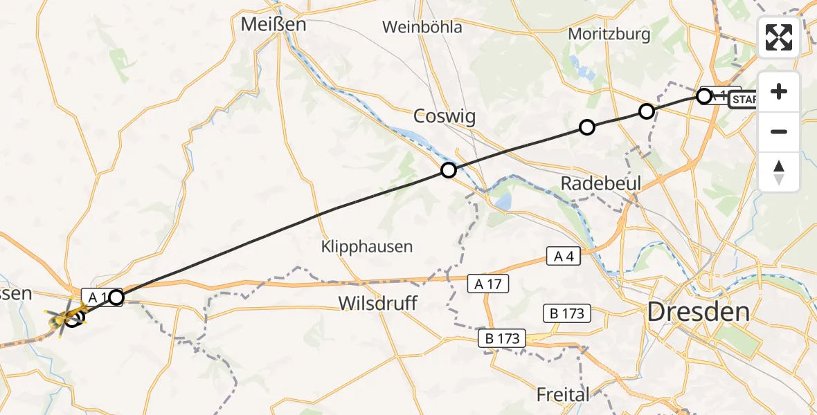Flugroute Rettungshubschrauber Dresden Flughafen - Nossen, 05 Oktober 2026, 12:55