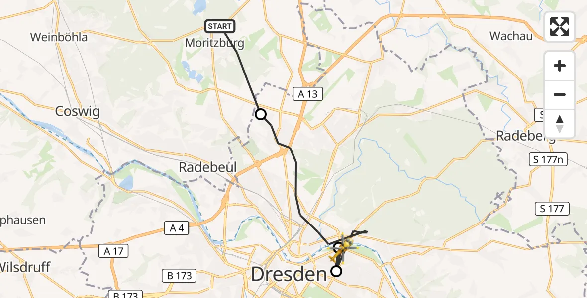 Flugroute Rettungshubschrauber Moritzburg - Dresden Elbwiesen Hubschrauberlandeplatz, 05 Oktober 2026, 12:56