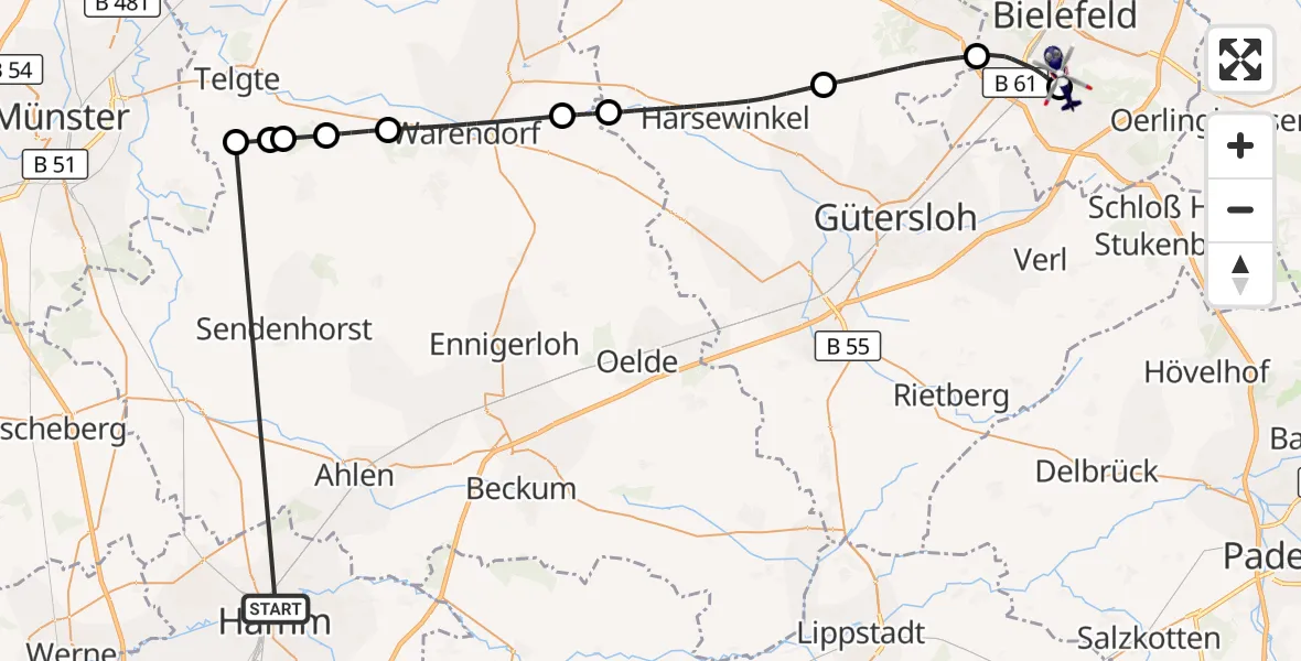 Flugroute Polizeihubschrauber Hamm-Lippewiesen Flugplatz - Luftrettungszentrum Bielefeld, 05 Oktober 2026, 13:04