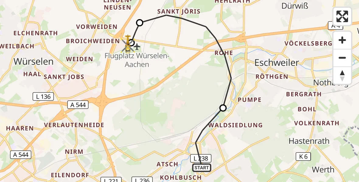Flugroute Rettungshubschrauber Stolberg (Rhld.) - Aachen-Merzbrück Flughafen, 05 Oktober 2026, 13:12