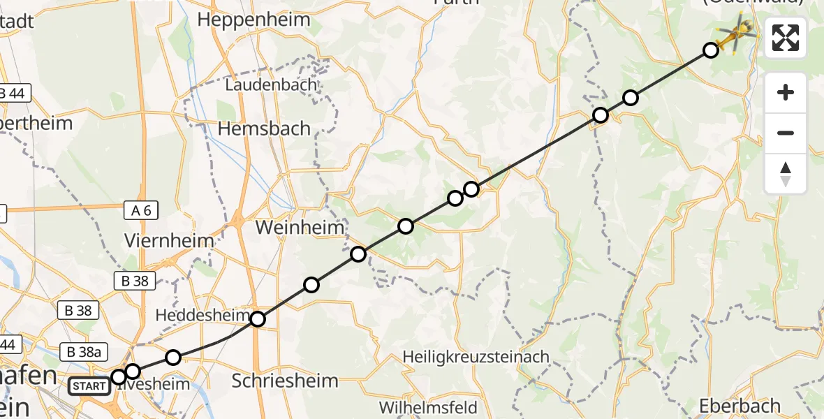 Flugroute Rettungshubschrauber Mannheim-City Flughafen - Erbach, 05 Oktober 2026, 13:16