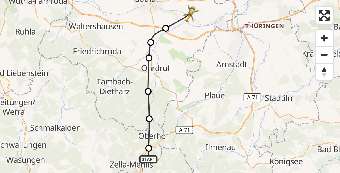 Flugroute Rettungshubschrauber Zella-Mehlis - Drei Gleichen, 05 Oktober 2026, 13:33