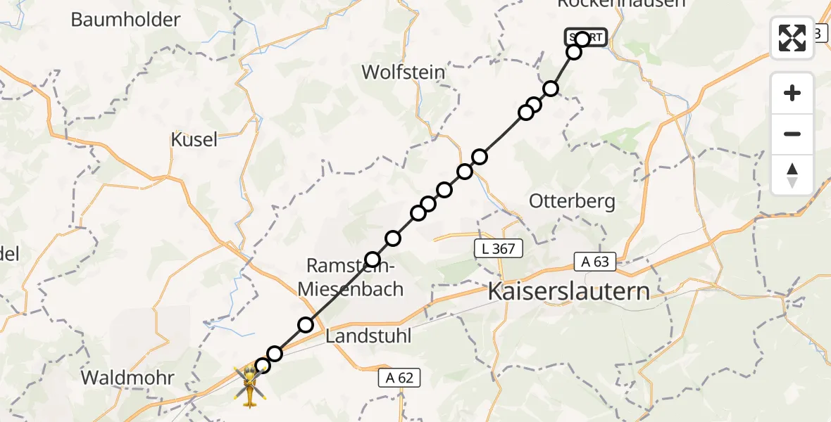 Flugroute Rettungshubschrauber Rockenhausen - Bruchmühlbach-Miesau, 05 Oktober 2026, 13:34