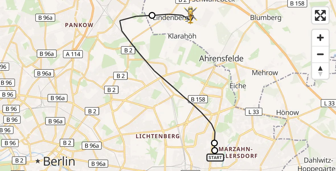 Flugroute Rettungshubschrauber Berlin Emergency Hospital - Ahrensfelde, 05 Oktober 2026, 13:41