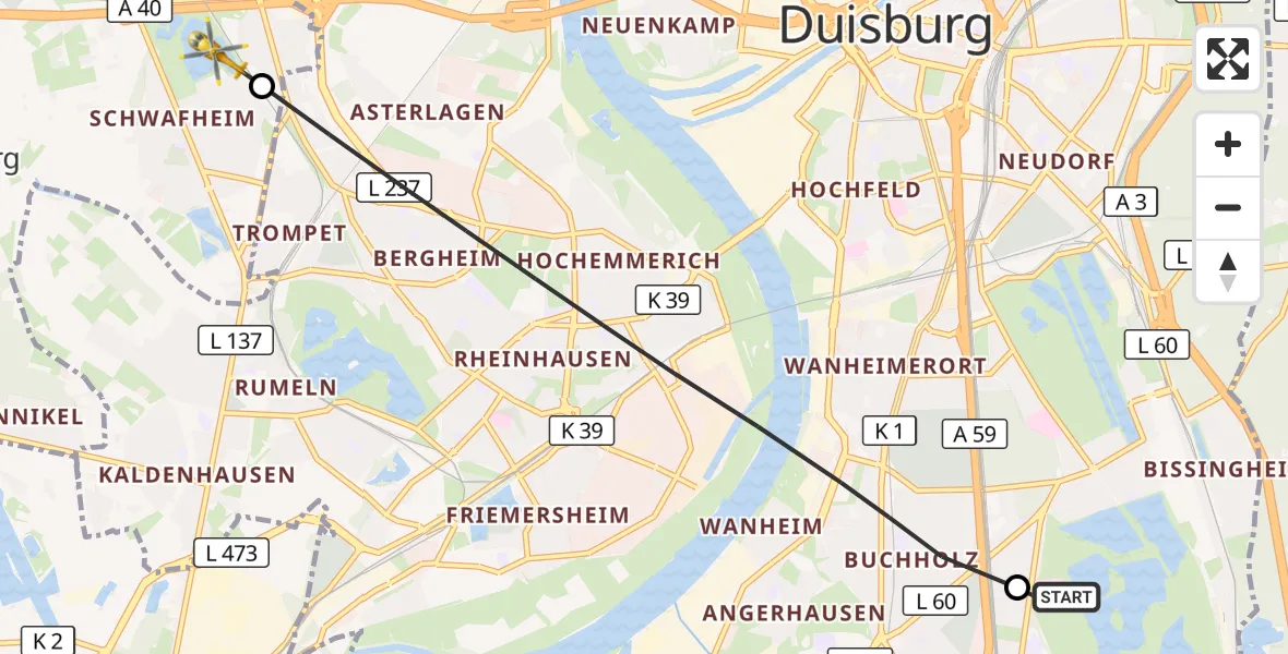 Flugroute Rettungshubschrauber Duisburg Air Rescue Hubschrauberlandeplatz (Christoph 9) - Moers, 05 Oktober 2026, 13:48