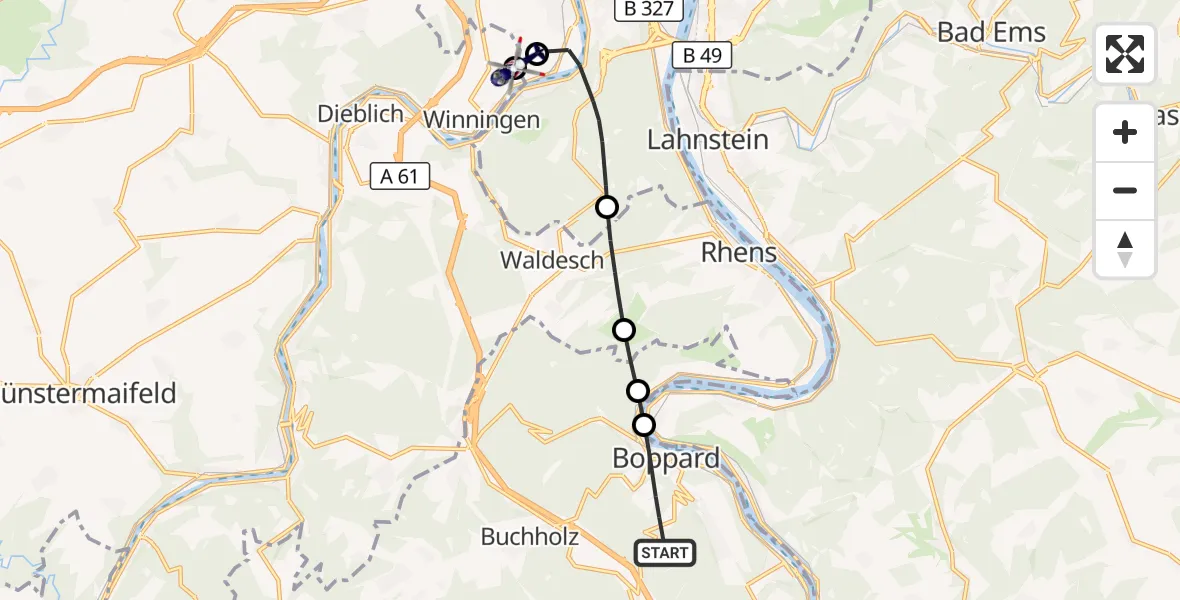 Flugroute Polizeihubschrauber Boppard - Koblenz-Winningen Flugplatz, 05 Oktober 2026, 14:08