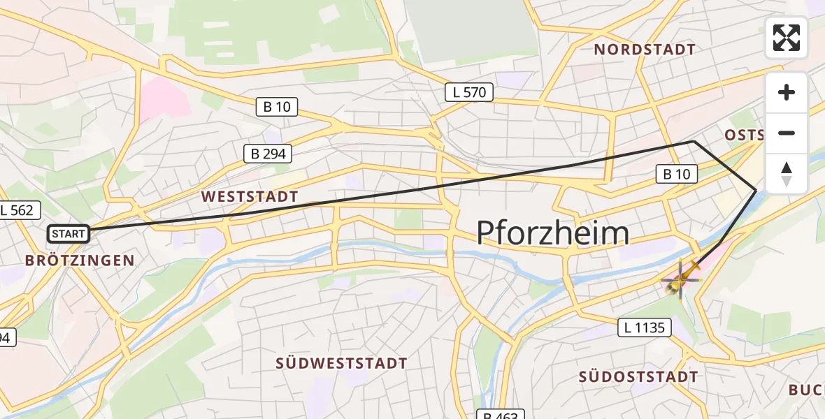 Flugroute Ambulanzhubschrauber Pforzheim - Pforzheim, 05 Oktober 2026, 14:08