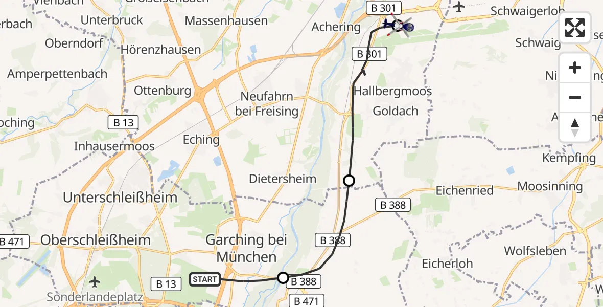 Flugroute Polizeihubschrauber Garching b.München - München Flughafen, 05 Oktober 2026, 14:08