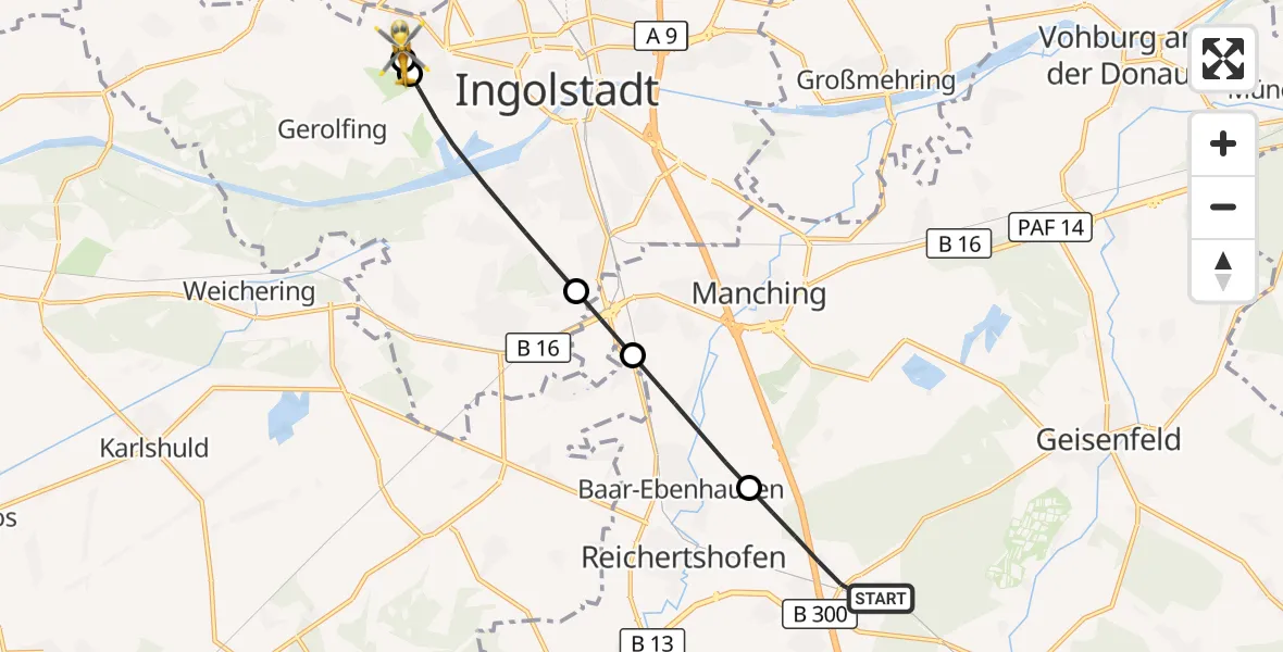 Flugroute Rettungshubschrauber Reichertshofen - Ingolstadt Hospital, 05 Oktober 2026, 14:11