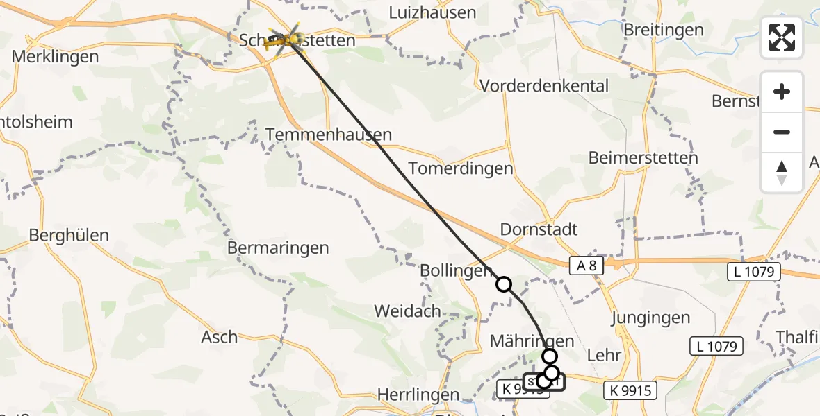 Flugroute Rettungshubschrauber Ulm Military Hospital Emergency - Dornstadt, 05 Oktober 2026, 14:21