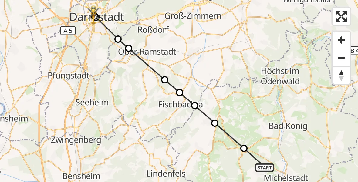 Flugroute Rettungshubschrauber Michelstadt - Darmstadt Hospital, 05 Oktober 2026, 14:24