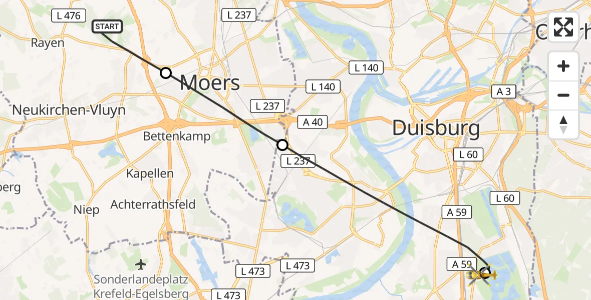 Flugroute Rettungshubschrauber Neukirchen-Vluyn - Duisburg Air Rescue Hubschrauberlandeplatz (Christoph 9), 05 Oktober 2026, 14:34