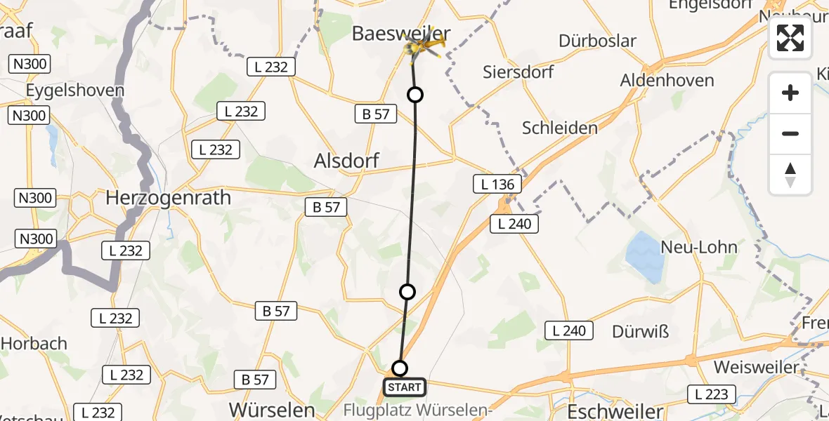 Flugroute Rettungshubschrauber Aachen-Merzbrück Flughafen - Baesweiler, 05 Oktober 2026, 14:37