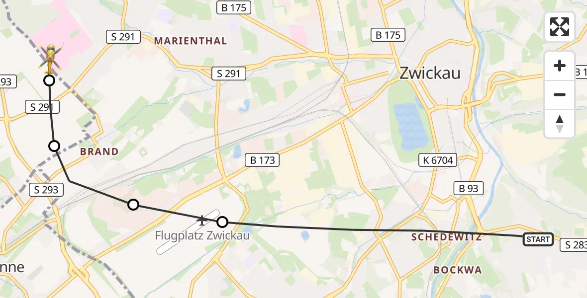 Flugroute Rettungshubschrauber Zwickau - ADAC Air Rescue Station Zwickau Hubschrauberlandeplatz, 05 Oktober 2026, 14:40