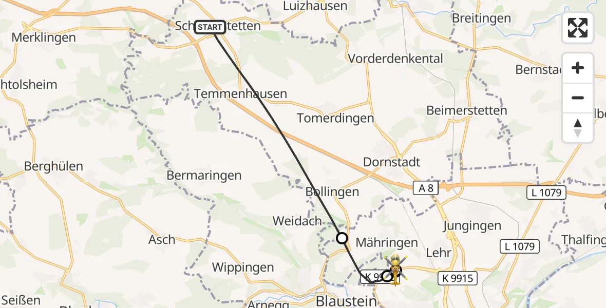Flugroute Rettungshubschrauber Dornstadt - ADAC Air Rescue Station Ulm (Christoph 22), 05 Oktober 2026, 14:48