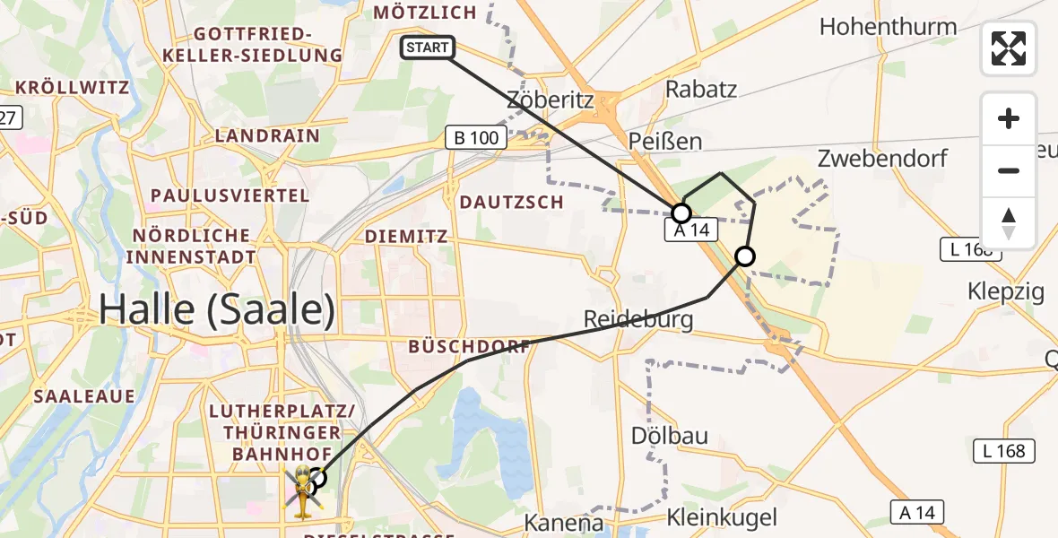 Flugroute Rettungshubschrauber Halle (Saale) - BG Hospital Bergmannstrost Halle, 05 Oktober 2026, 14:55