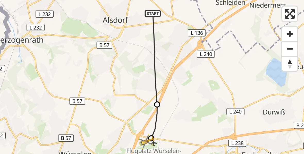 Flugroute Rettungshubschrauber Alsdorf - Aachen-Merzbrück Flughafen, 05 Oktober 2026, 15:09