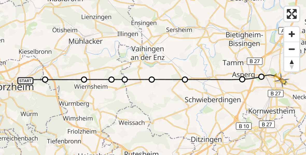 Flugroute Ambulanzhubschrauber Pforzheim - Ludwigsburg, 05 Oktober 2026, 15:09