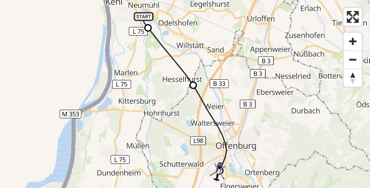 Flugroute Polizeihubschrauber Kehl-Sundheim Flugplatz - Offenburg-Baden Flugplatz, 05 Oktober 2026, 15:10