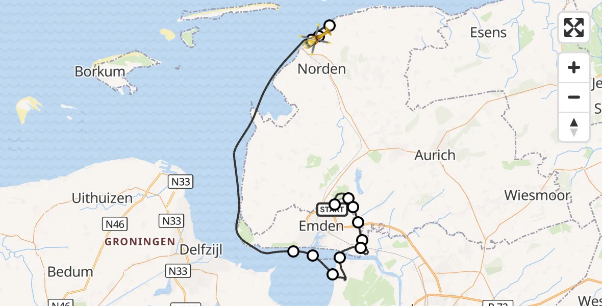 Flugroute Ambulanzhubschrauber Emden Flughafen - Norden, 05 Oktober 2026, 15:20