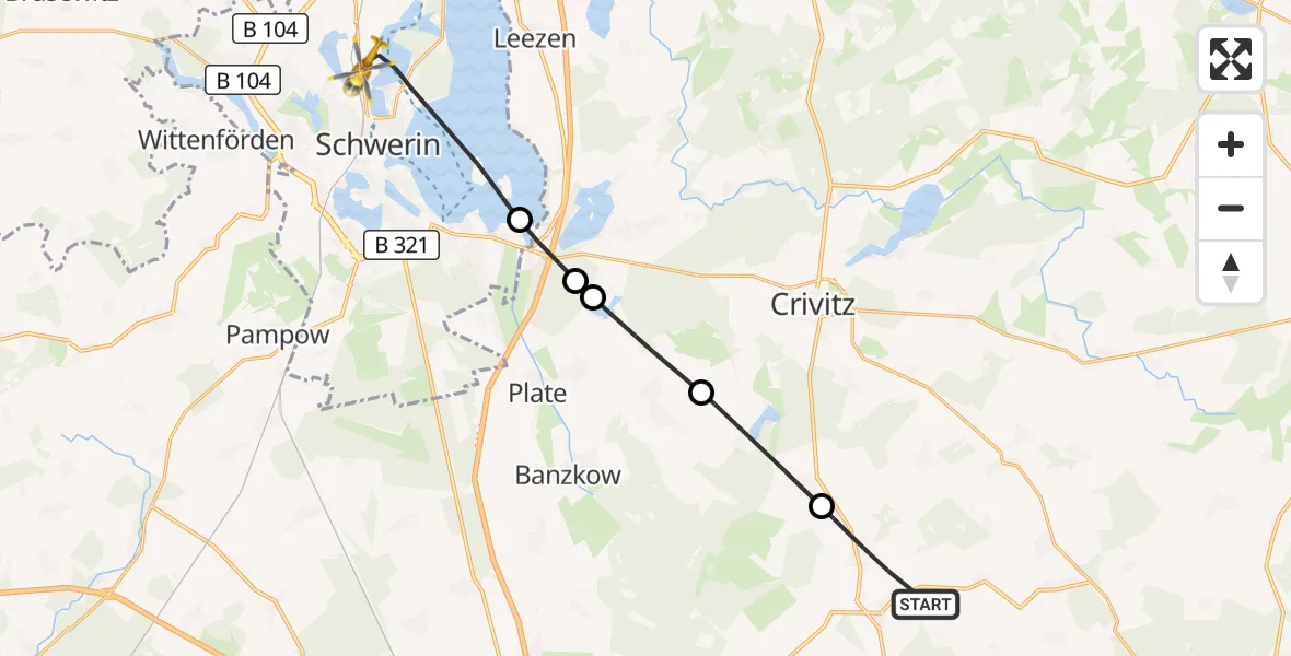 Flugroute Rettungshubschrauber Lewitzrand - Schwerin, 05 Oktober 2026, 15:28
